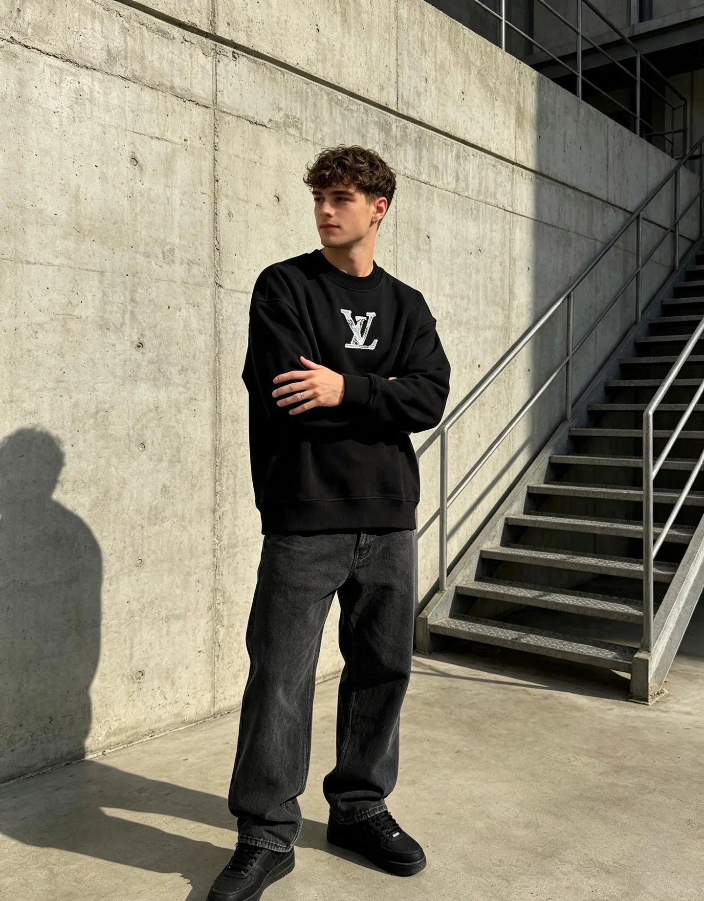 Louis Vuitton/Louis Vuitton denim patch letter embroidered crew neck sweatshirt